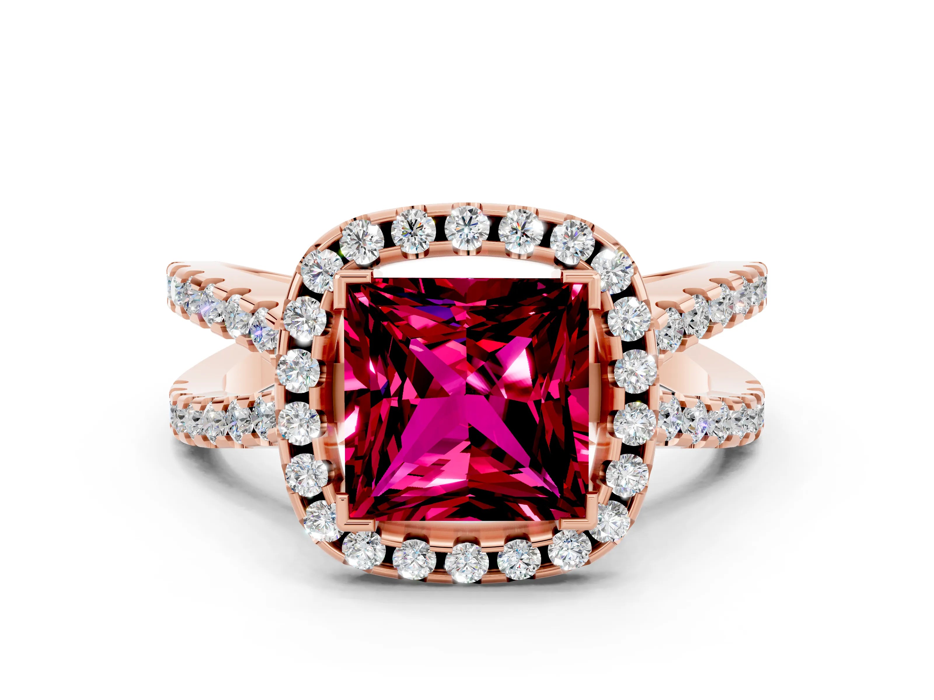 Rose gold Princess Cut Garnet Halo Ring with Split Shank Pavé Band and Prong Setting