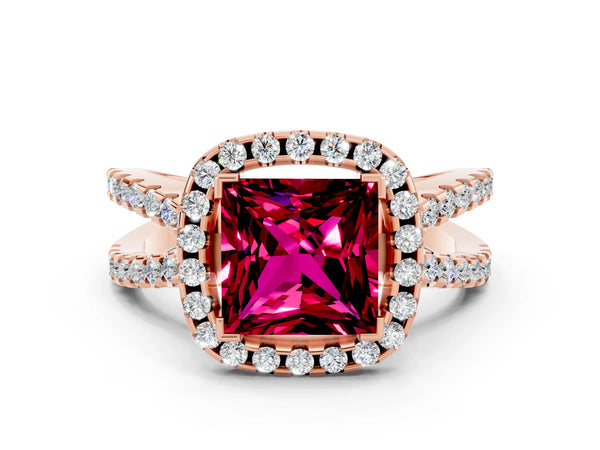 Rose gold Princess Cut Garnet Halo Ring with Split Shank Pavé Band and Prong Setting
