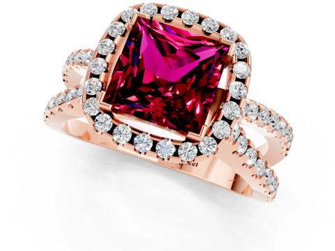 Rose gold Princess Cut Garnet Halo Ring with Split Shank Pavé Band and Prong Setting_1