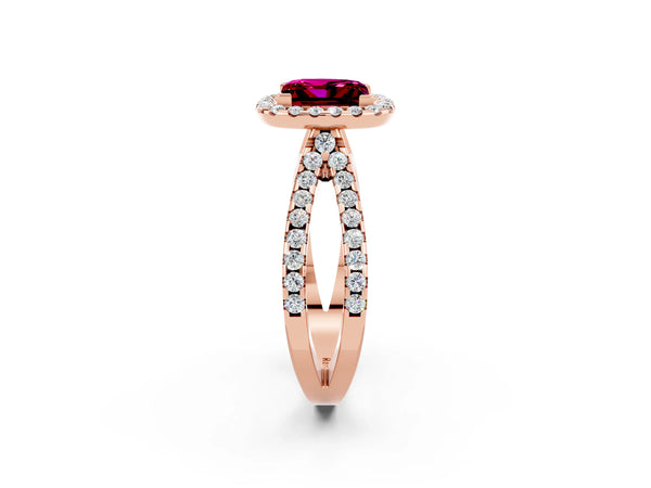Rose gold Princess Cut Garnet Halo Ring with Split Shank Pavé Band and Prong Setting