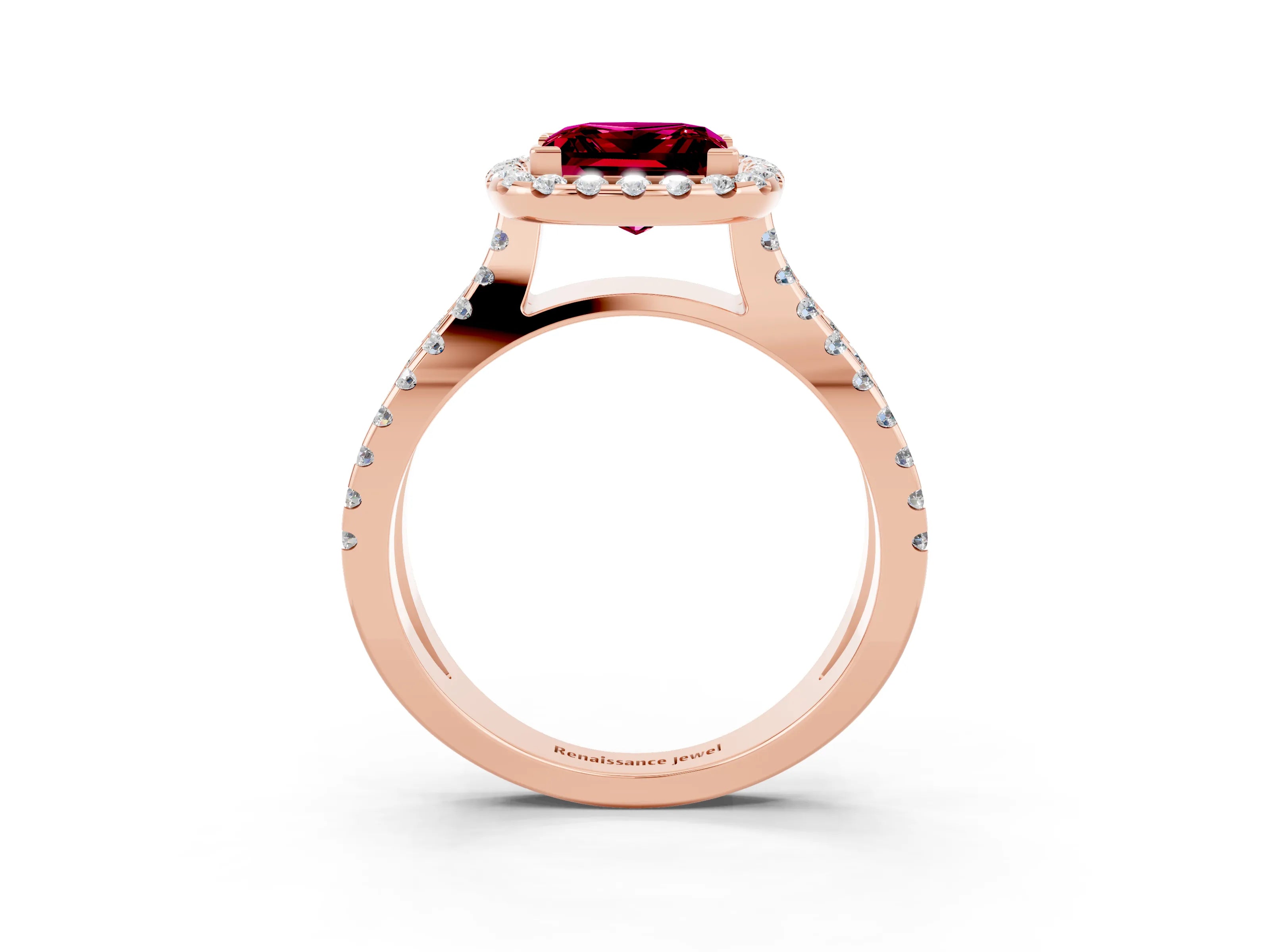 Rose gold Princess Cut Garnet Halo Ring with Split Shank Pavé Band and Prong Setting_3