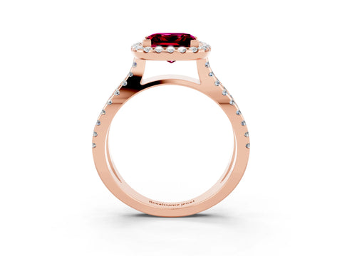 Rose gold Princess Cut Garnet Halo Ring with Split Shank Pavé Band and Prong Setting_3