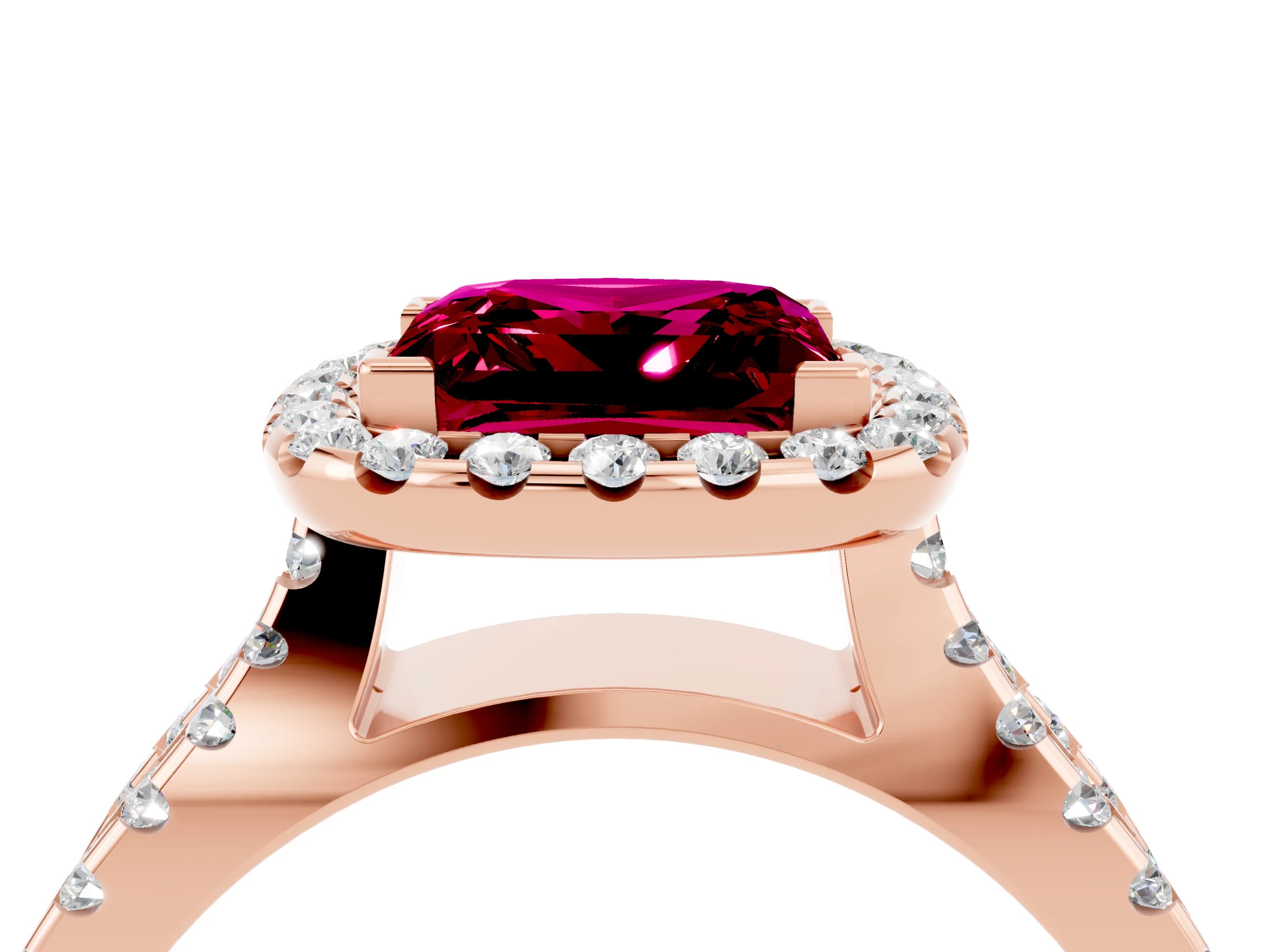Rose gold Princess Cut Garnet Halo Ring with Split Shank Pavé Band and Prong Setting_4