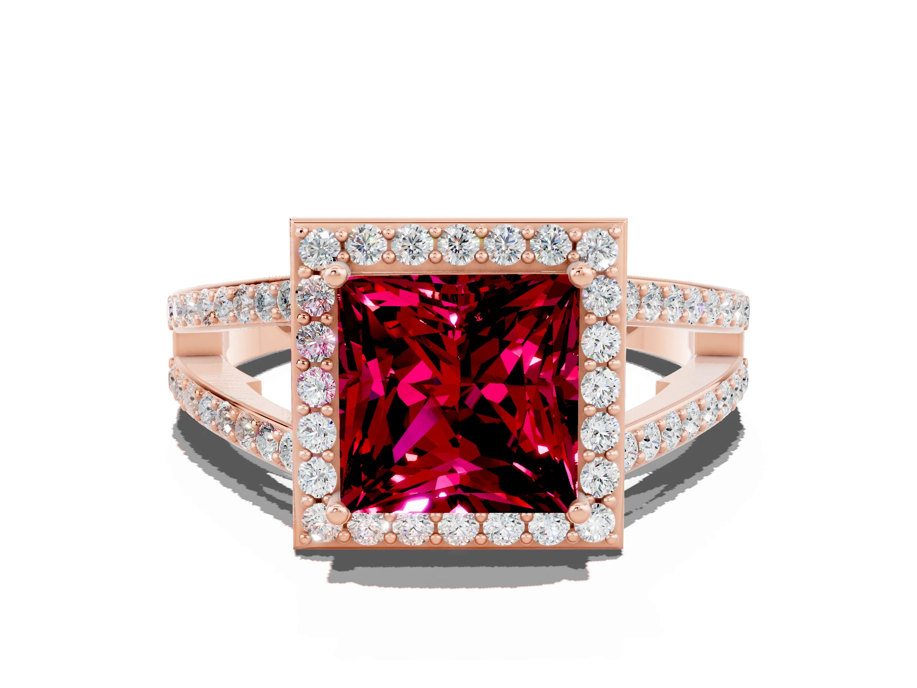 Rose gold Princess Cut Garnet Halo Ring with Split Shank U-Prong Band and Four-Prong Setting