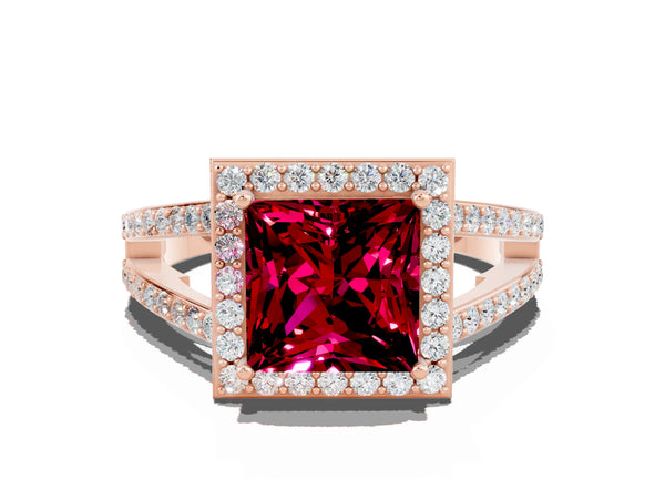 Rose gold Princess Cut Garnet Halo Ring with Split Shank U-Prong Band and Four-Prong Setting