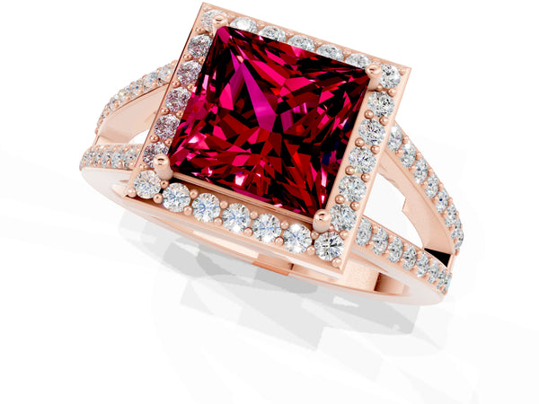 Rose gold Princess Cut Garnet Halo Ring with Split Shank U-Prong Band and Four-Prong Setting