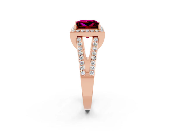 Rose gold Princess Cut Garnet Halo Ring with Split Shank U-Prong Band and Four-Prong Setting