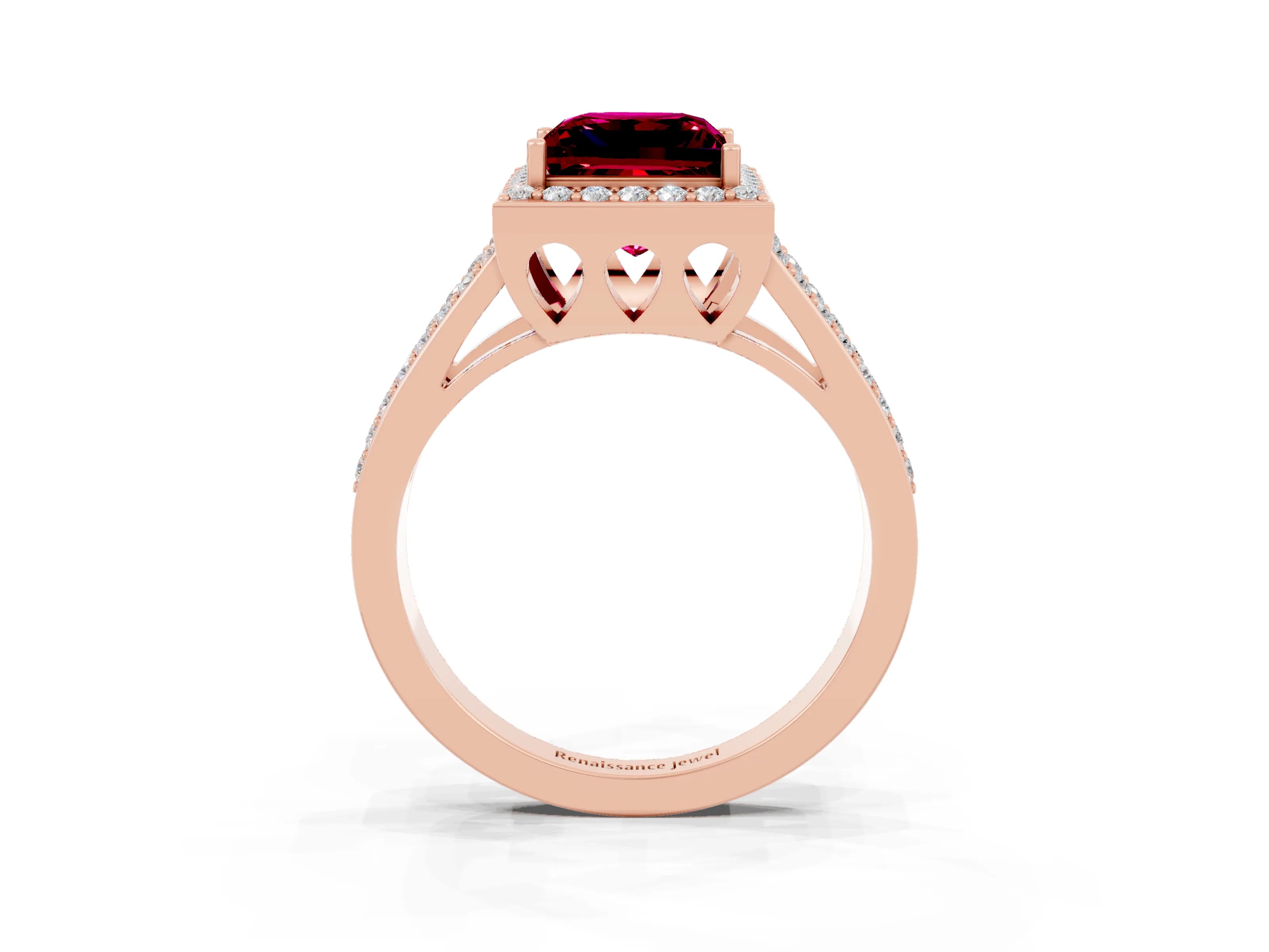 Rose gold Princess Cut Garnet Halo Ring with Split Shank U-Prong Band and Four-Prong Setting_3