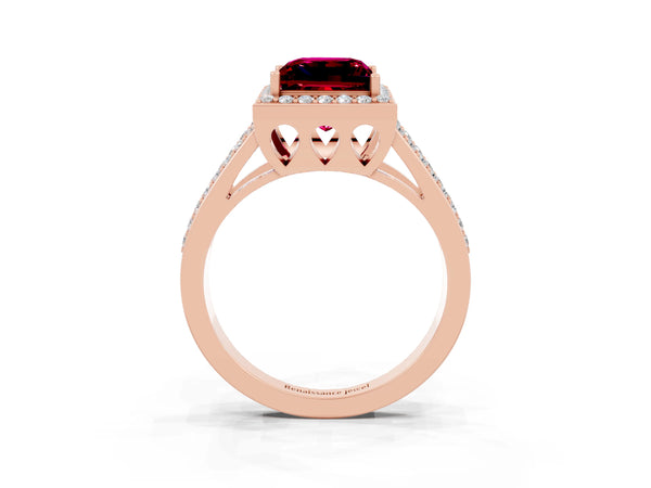 Rose gold Princess Cut Garnet Halo Ring with Split Shank U-Prong Band and Four-Prong Setting
