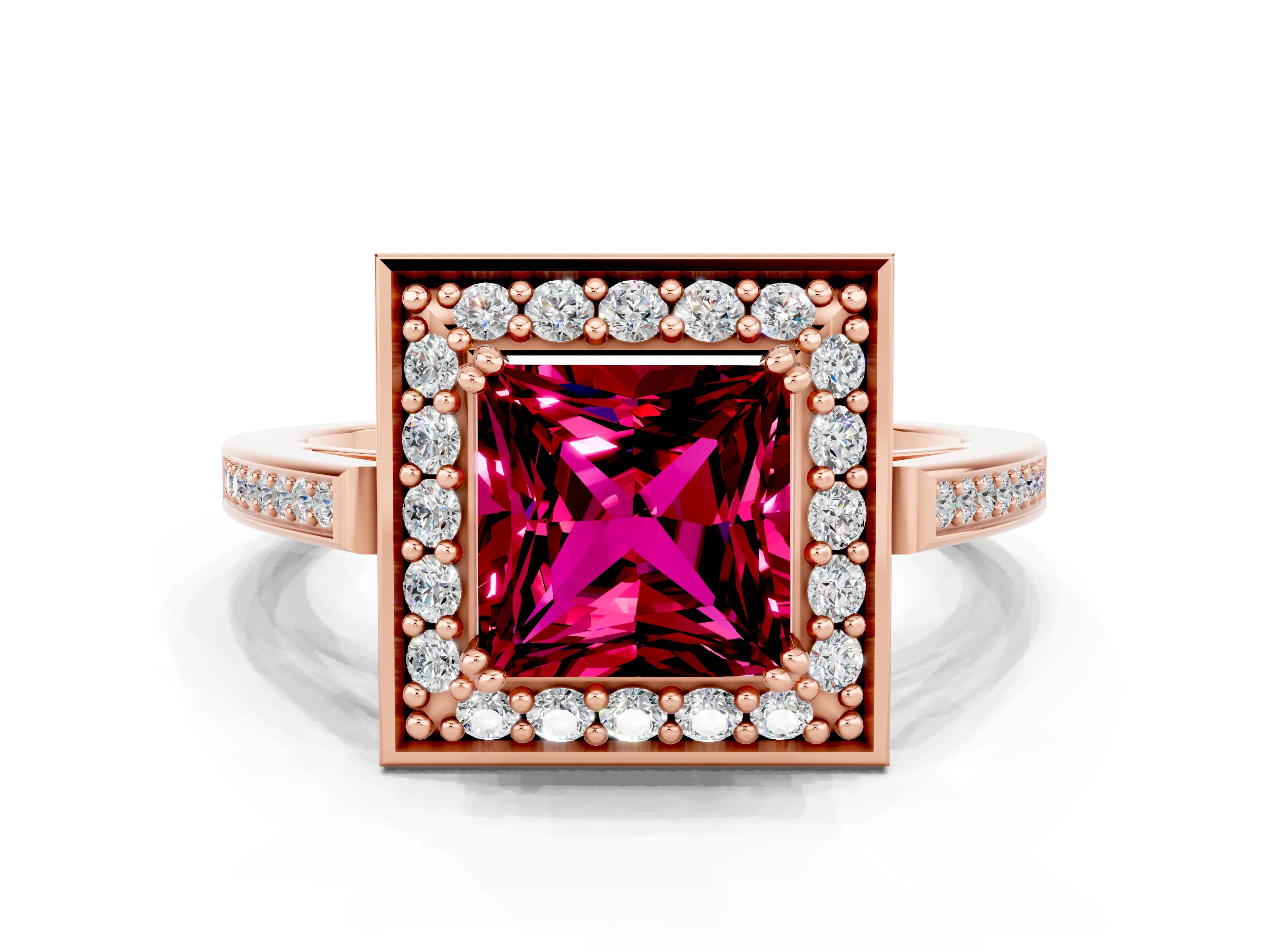 Rose gold Princess Cut Garnet Halo Ring with Split Shank and Four-Prong Setting