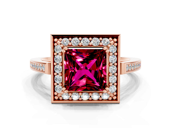 Rose gold Princess Cut Garnet Halo Ring with Split Shank and Four-Prong Setting