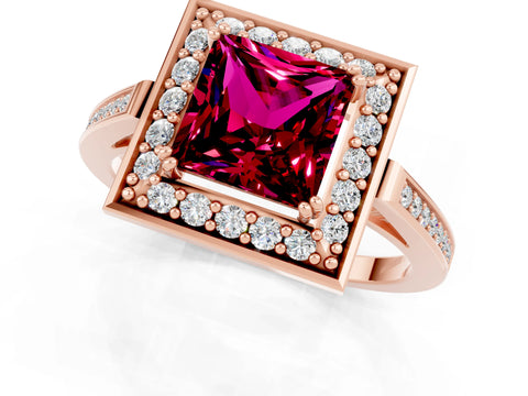 Rose gold Princess Cut Garnet Halo Ring with Split Shank and Four-Prong Setting_1
