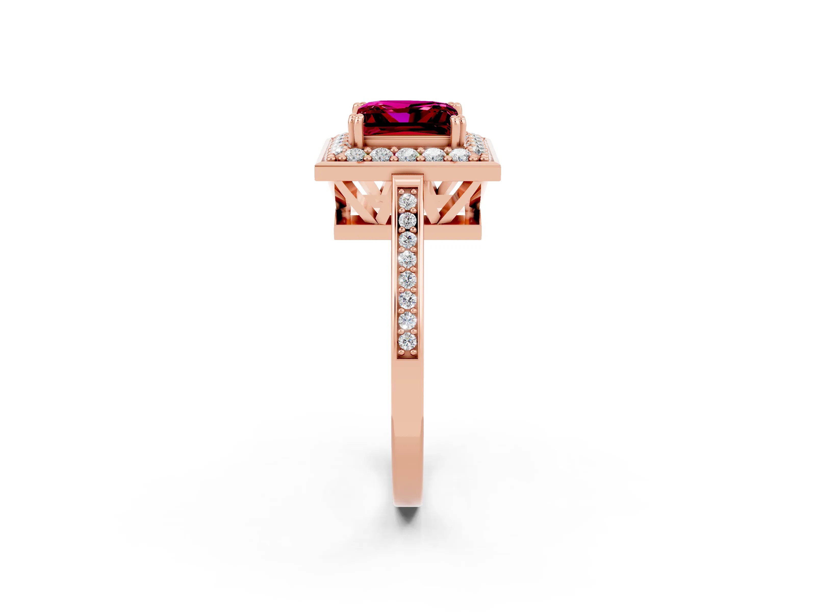 Rose gold Princess Cut Garnet Halo Ring with Split Shank and Four-Prong Setting_2