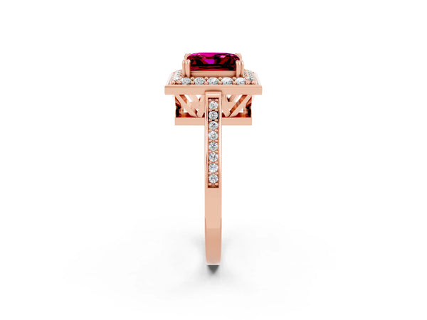 Rose gold Princess Cut Garnet Halo Ring with Split Shank and Four-Prong Setting