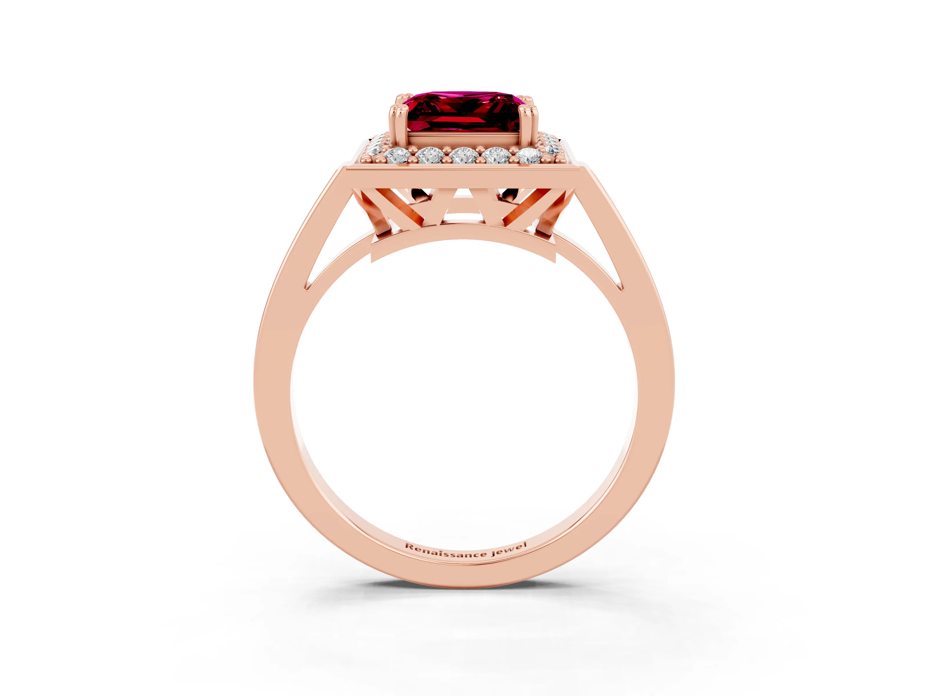 Rose gold Princess Cut Garnet Halo Ring with Split Shank and Four-Prong Setting_3