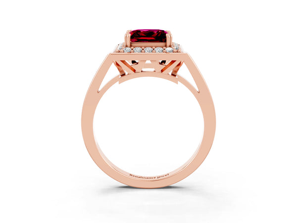 Rose gold Princess Cut Garnet Halo Ring with Split Shank and Four-Prong Setting