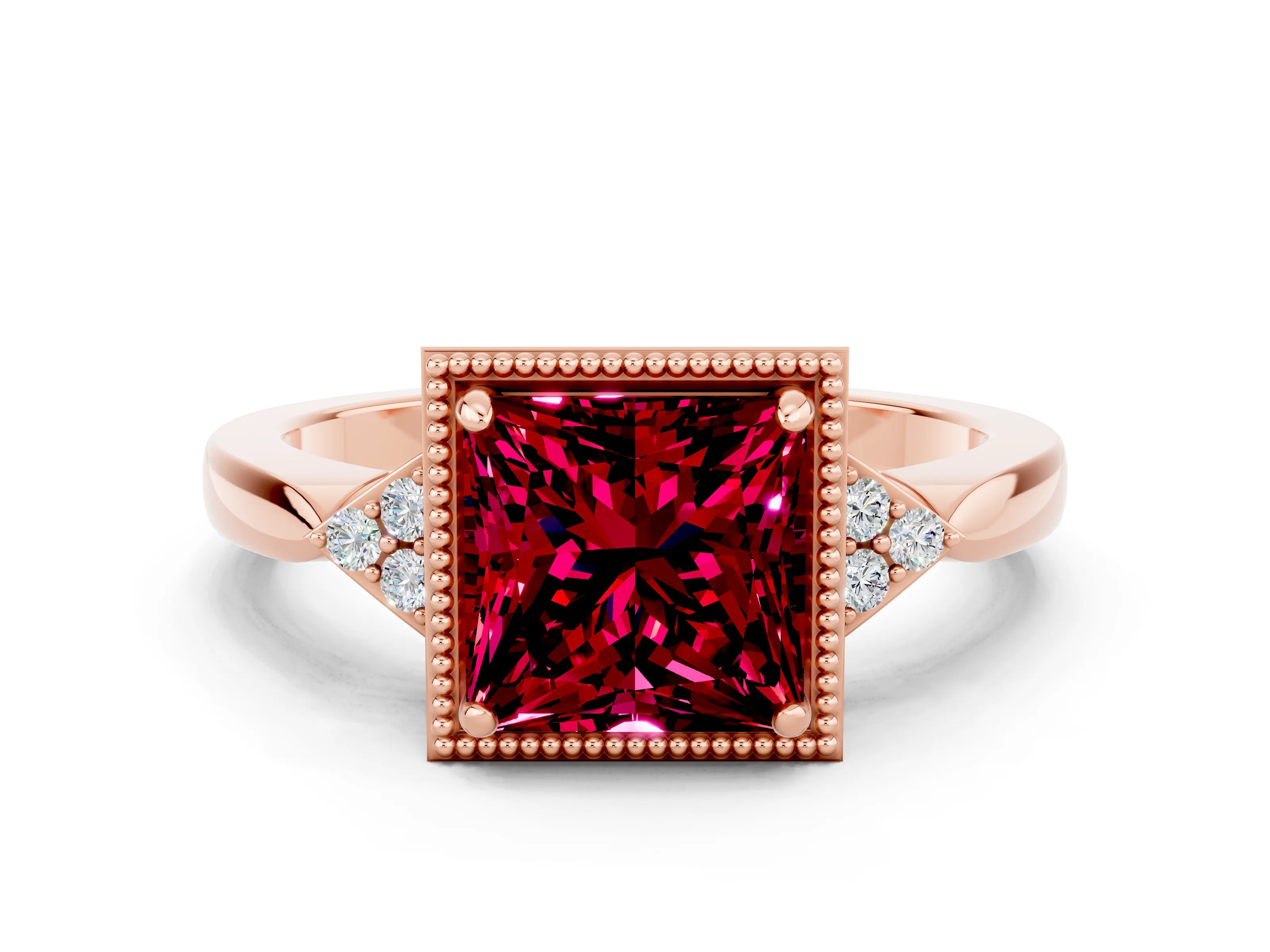 Rose gold Princess Cut Garnet Halo Ring with Tapered Band and Four-Prong Setting