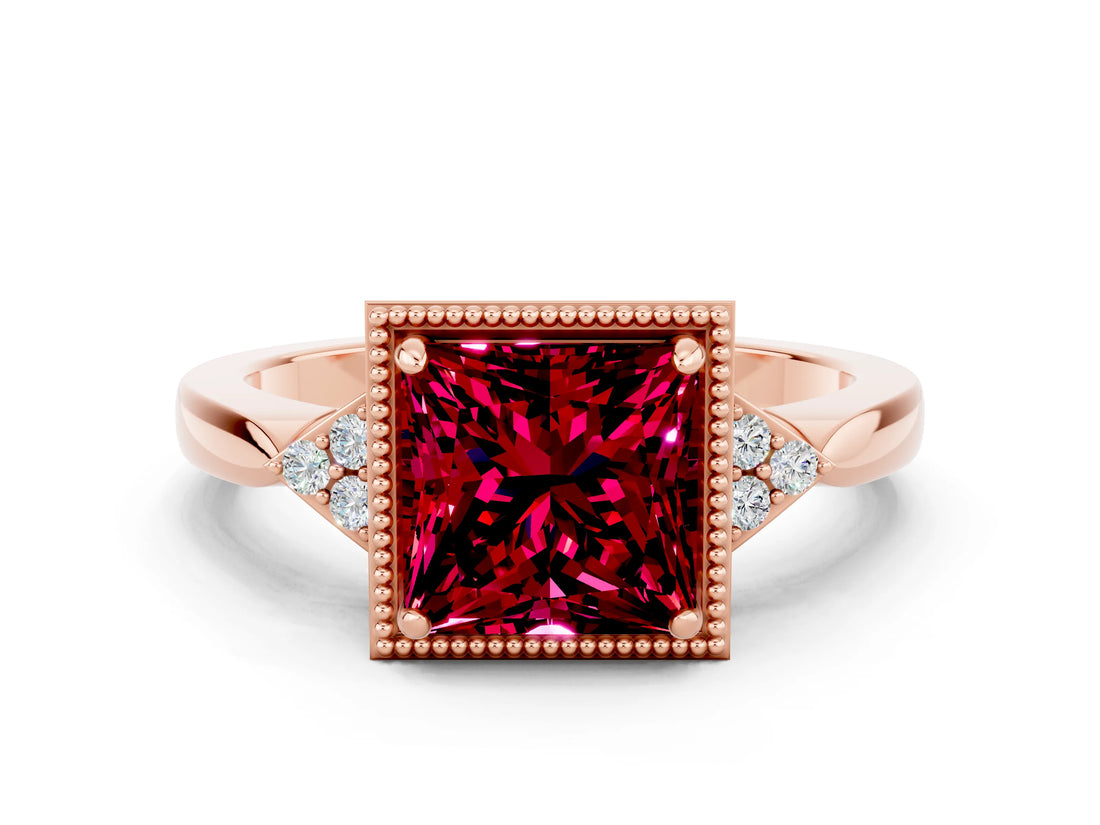 Rose gold Princess Cut Garnet Halo Ring with Tapered Band and Four-Prong Setting