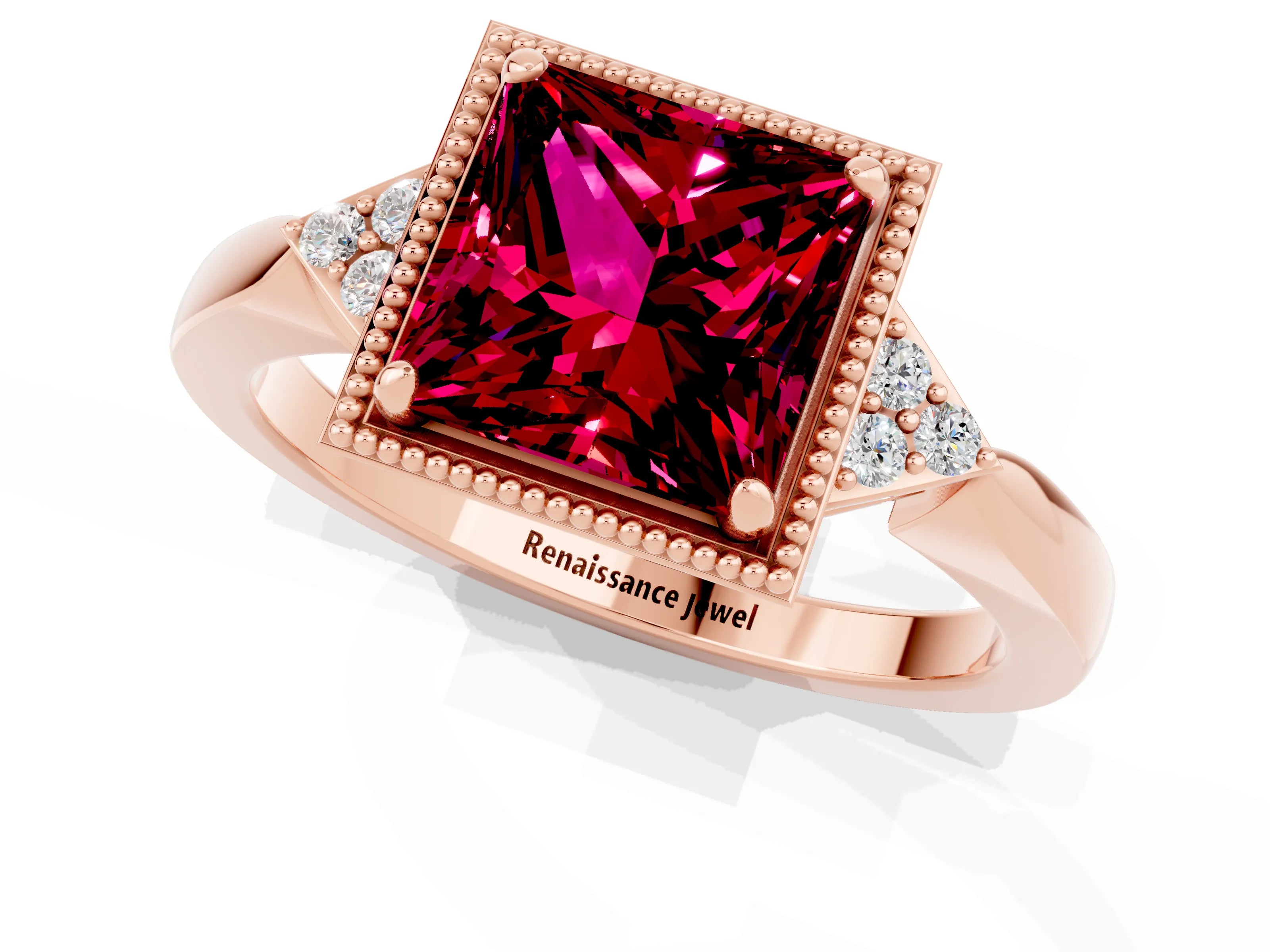 Rose gold Princess Cut Garnet Halo Ring with Tapered Band and Four-Prong Setting_1