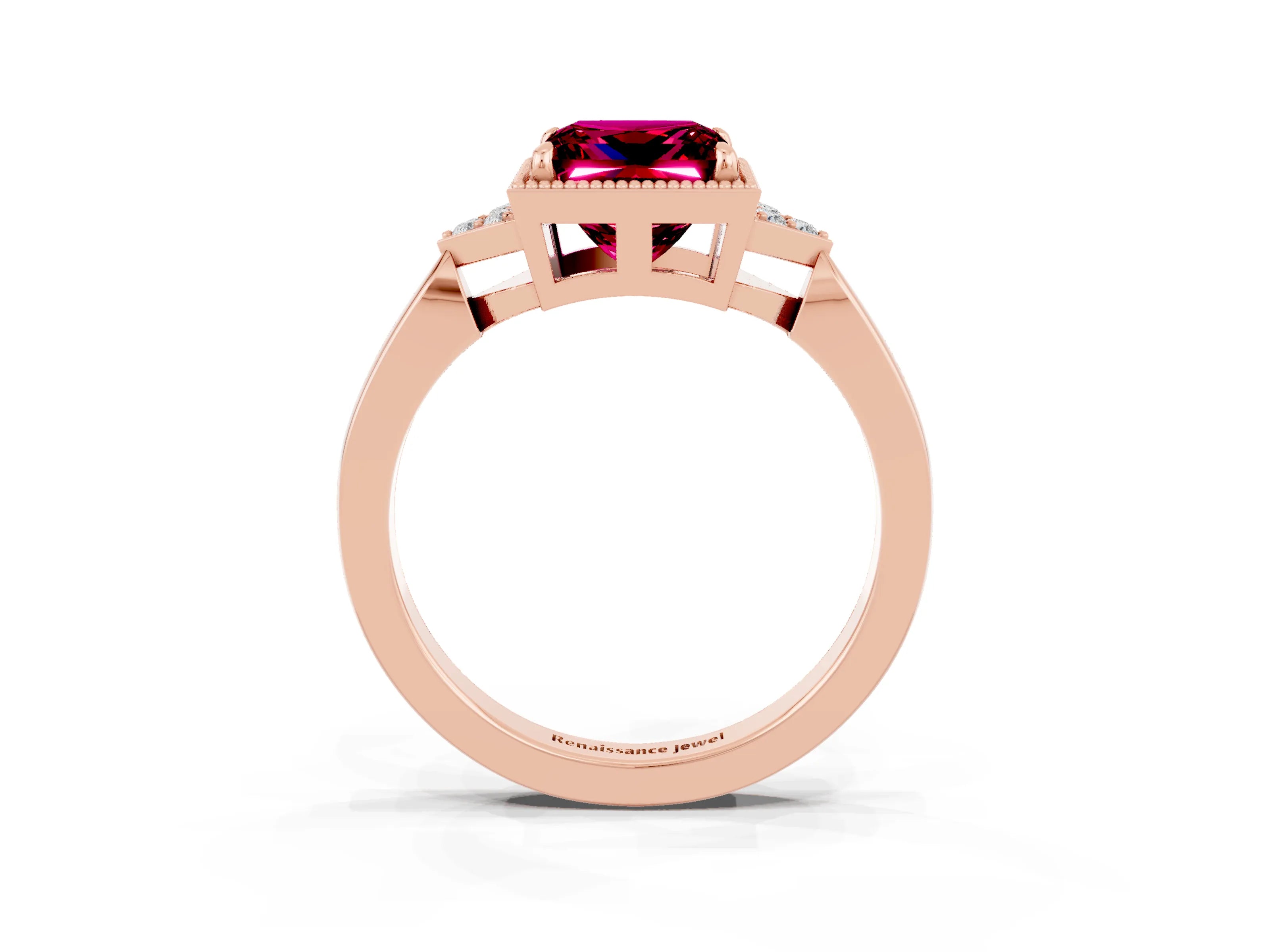 Rose gold Princess Cut Garnet Halo Ring with Tapered Band and Four-Prong Setting_3
