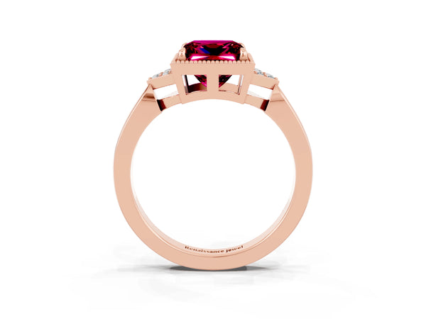 Rose gold Princess Cut Garnet Halo Ring with Tapered Band and Four-Prong Setting