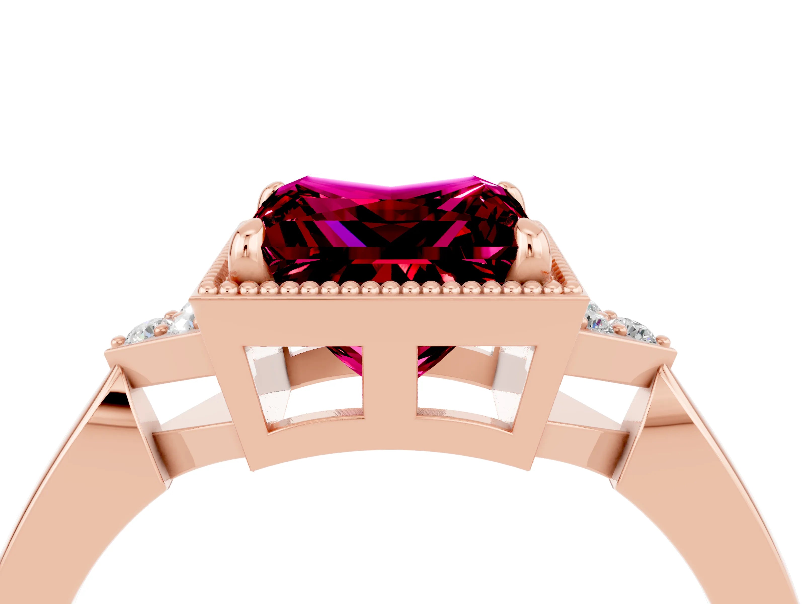 Rose gold Princess Cut Garnet Halo Ring with Tapered Band and Four-Prong Setting_4