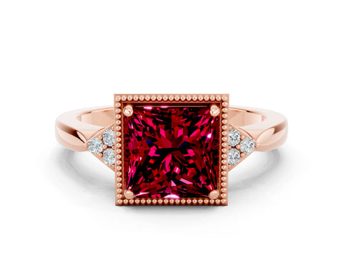 Rose gold Princess Cut Garnet Halo Ring with Tapered Band and Four-Prong Setting