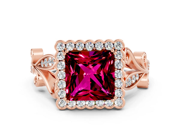 Rose gold Princess Cut Garnet Halo Ring with Vintage Split Shank and Four-Prong Setting