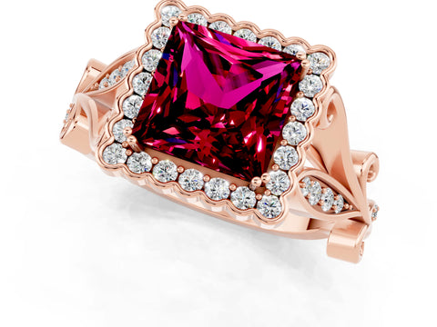 Rose gold Princess Cut Garnet Halo Ring with Vintage Split Shank and Four-Prong Setting_1
