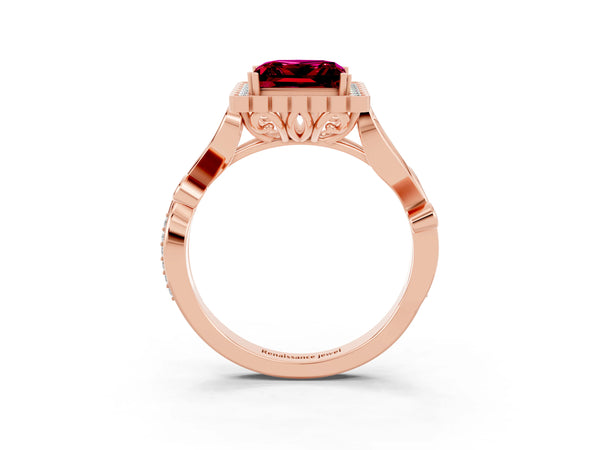 Rose gold Princess Cut Garnet Halo Ring with Vintage Split Shank and Four-Prong Setting