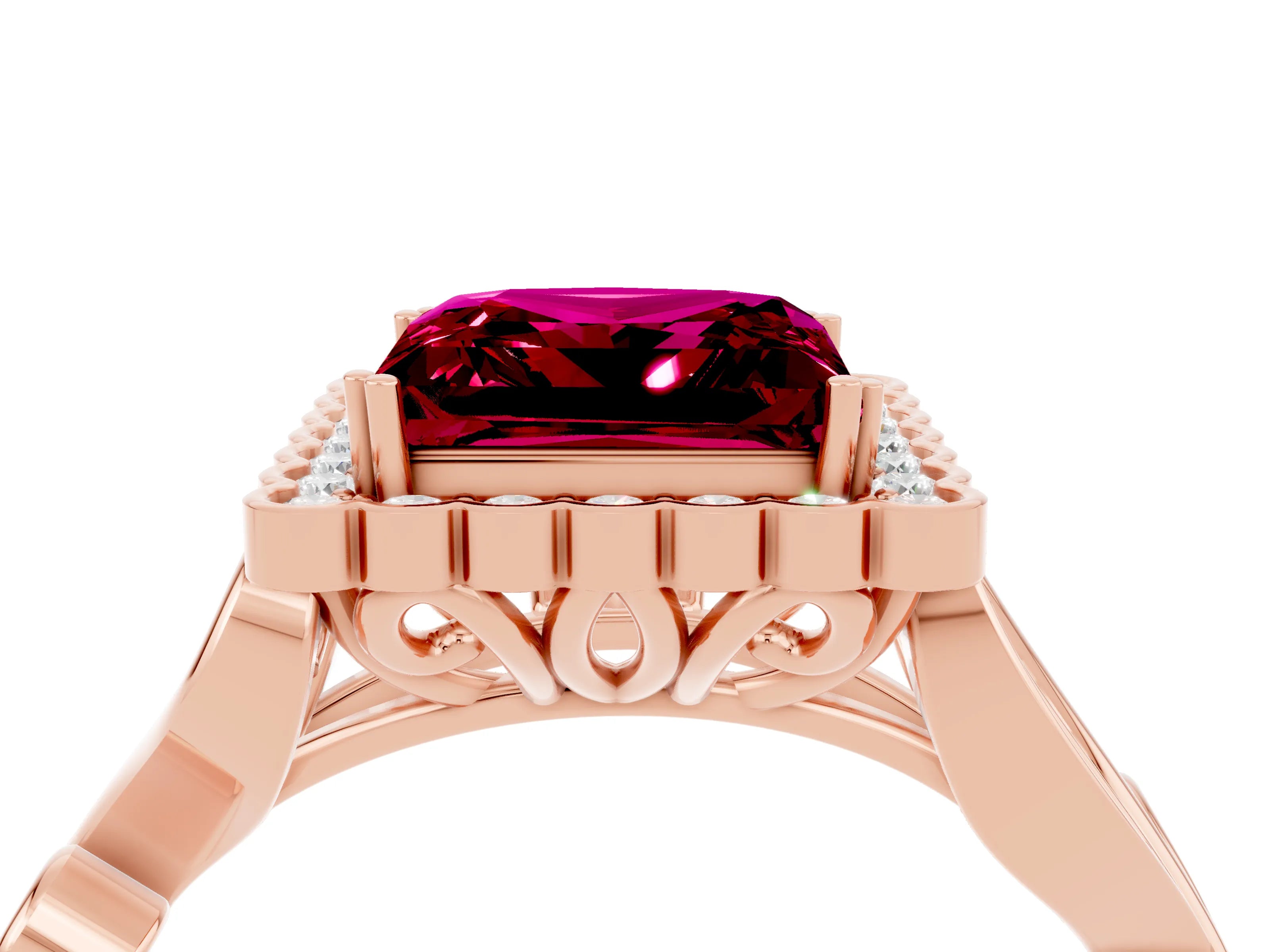 Rose gold Princess Cut Garnet Halo Ring with Vintage Split Shank and Four-Prong Setting_4