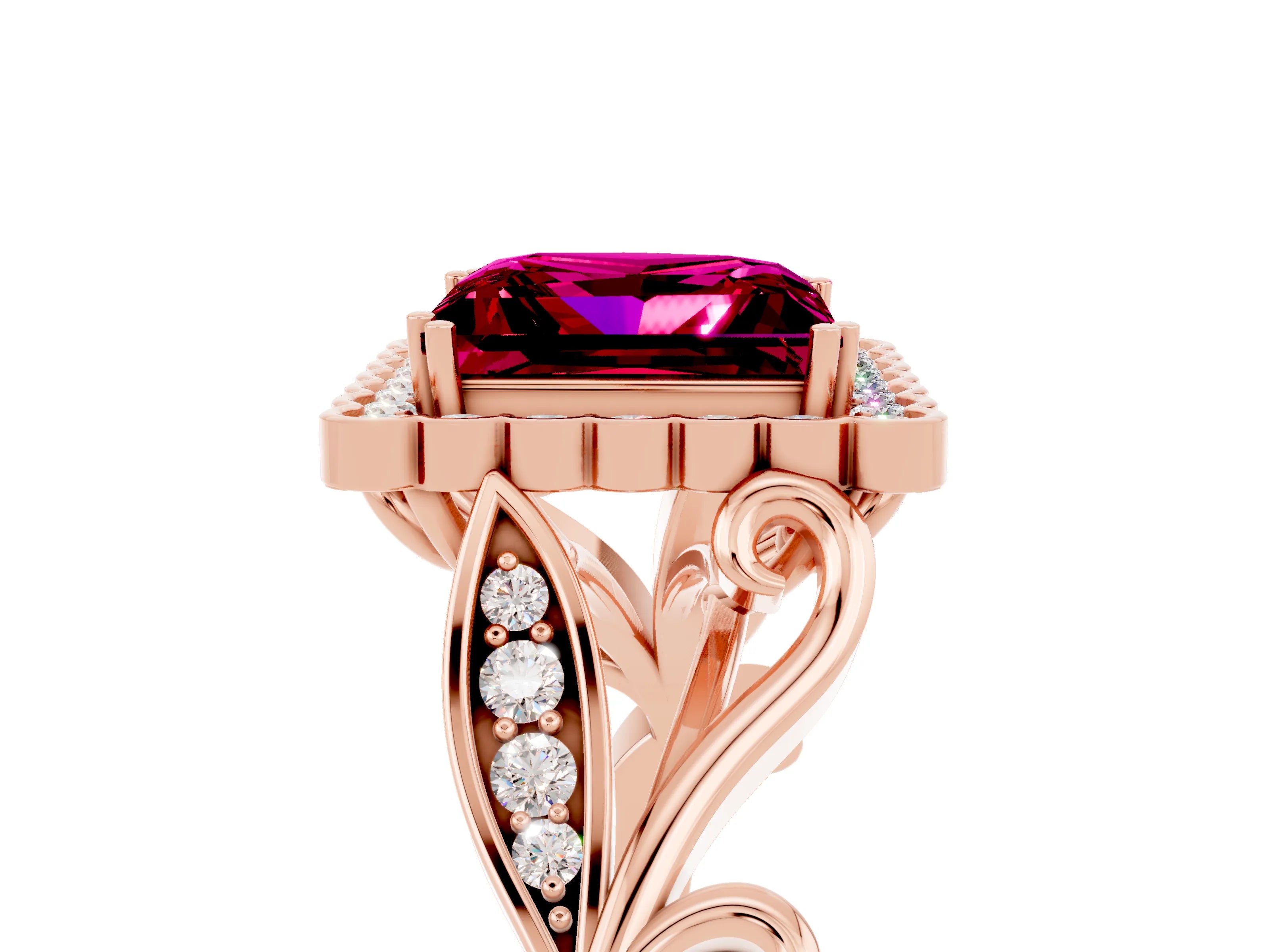 Rose gold Princess Cut Garnet Halo Ring with Vintage Split Shank and Four-Prong Setting_5