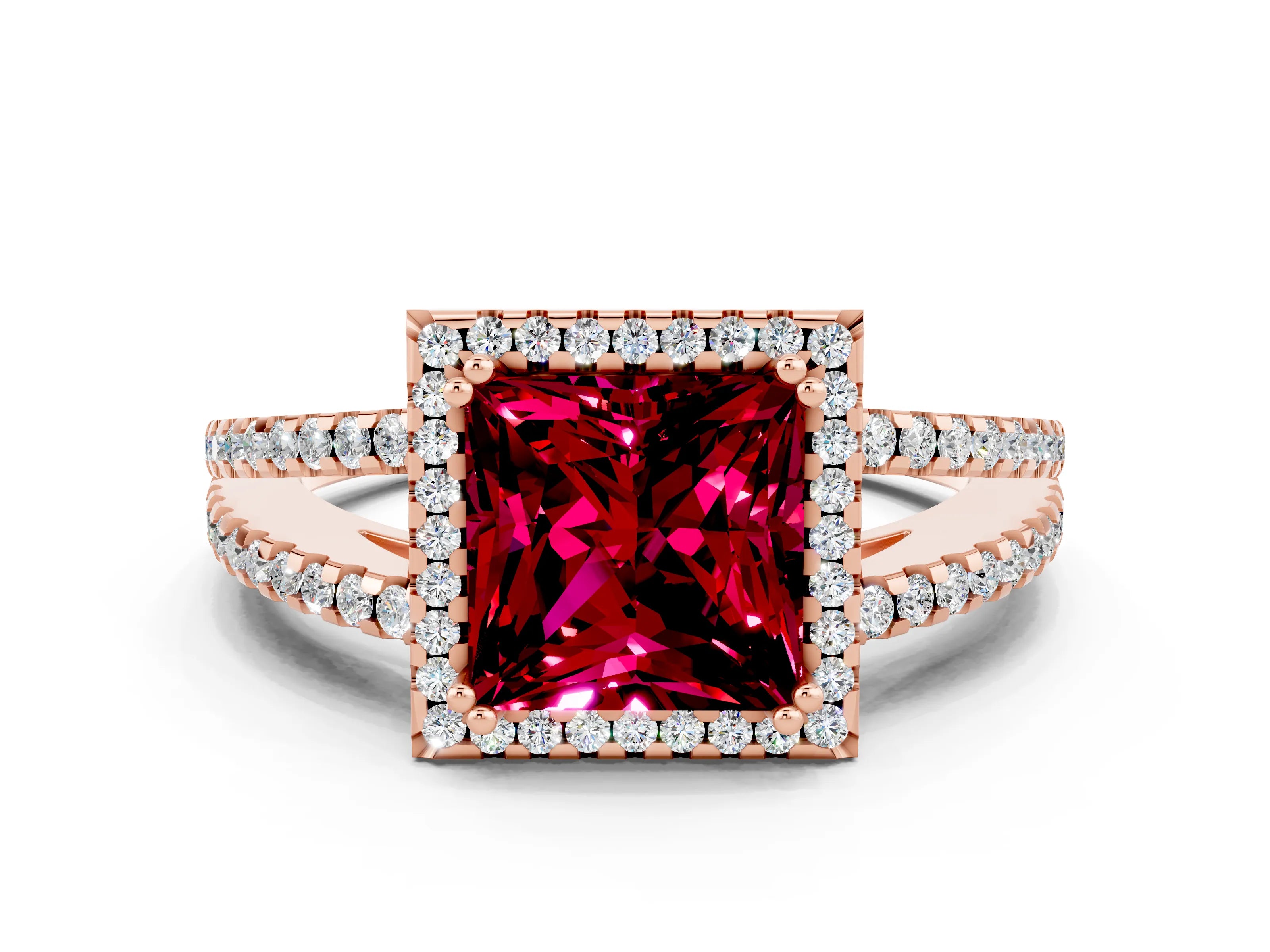 Rose gold Princess Cut Garnet Halo Split Shank Engagement Ring_12