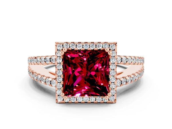 Rose gold Princess Cut Garnet Halo Split Shank Engagement Ring