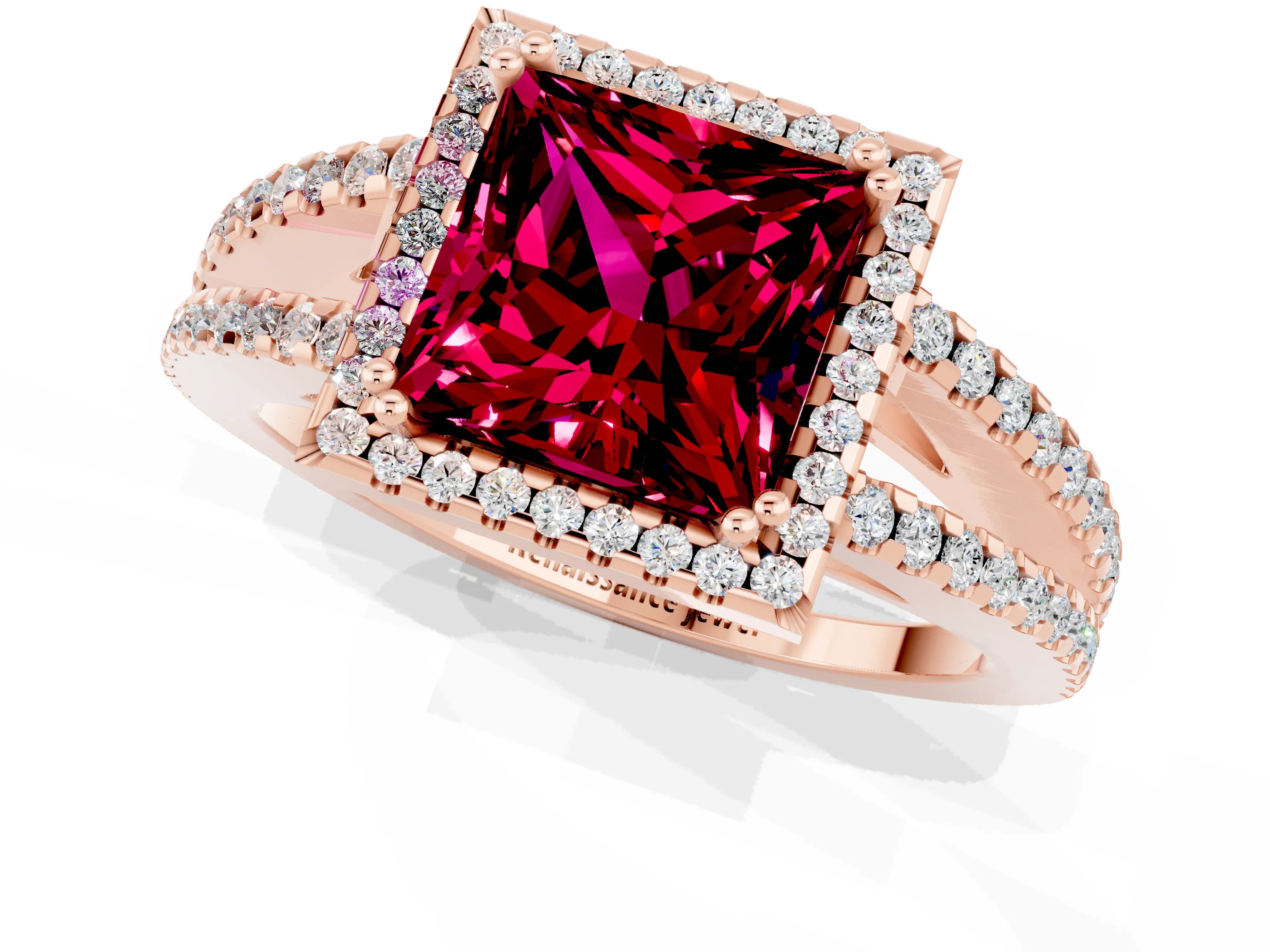 Rose gold Princess Cut Garnet Halo Split Shank Engagement Ring_13