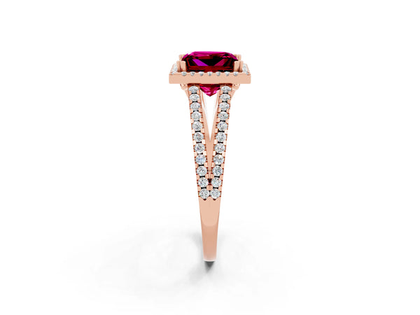 Rose gold Princess Cut Garnet Halo Split Shank Engagement Ring