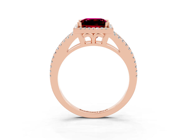 Rose gold Princess Cut Garnet Halo Split Shank Engagement Ring