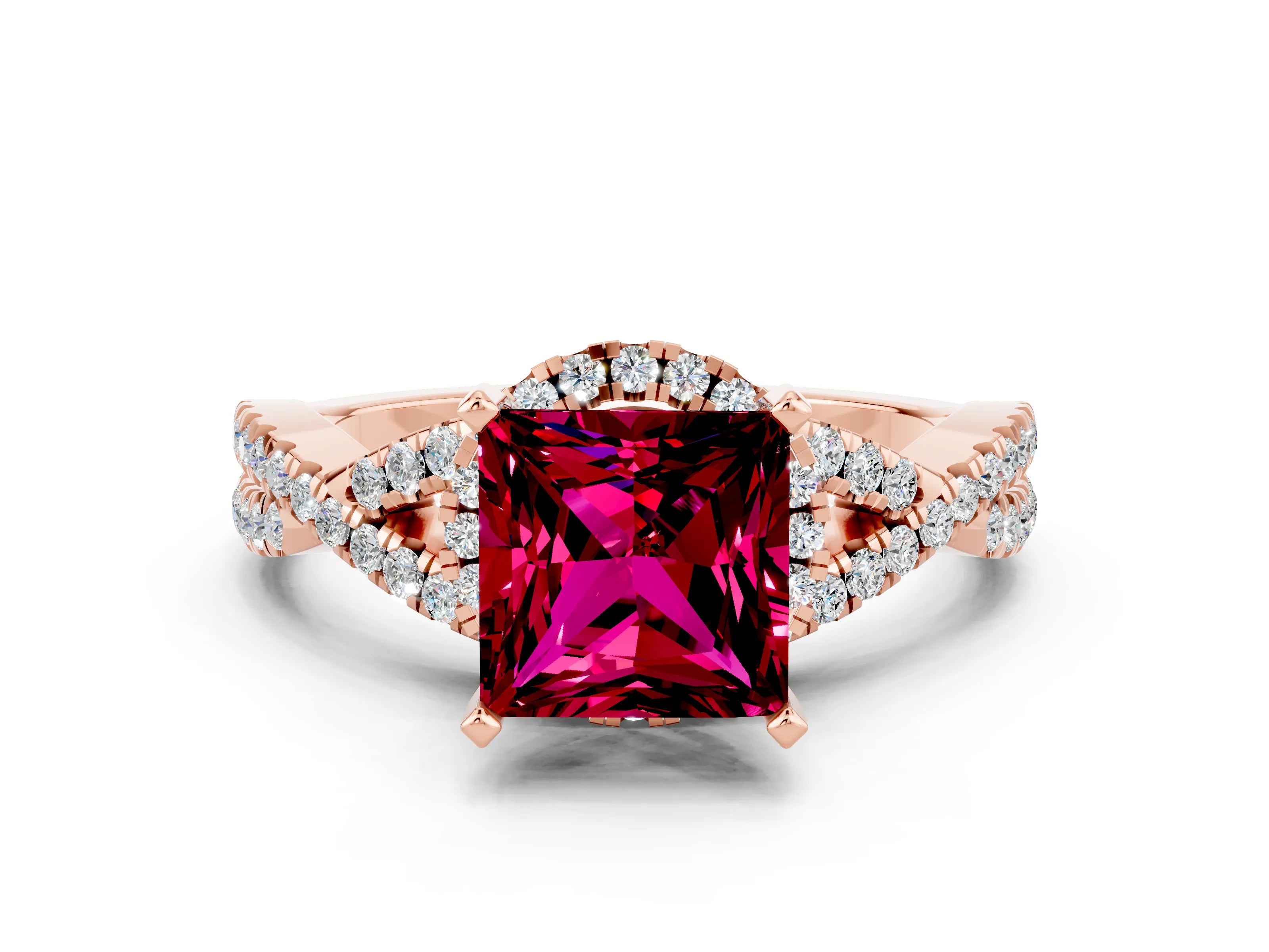 Rose gold Princess Cut Garnet Halo Twist Band Solitaire Prong Setting Ring