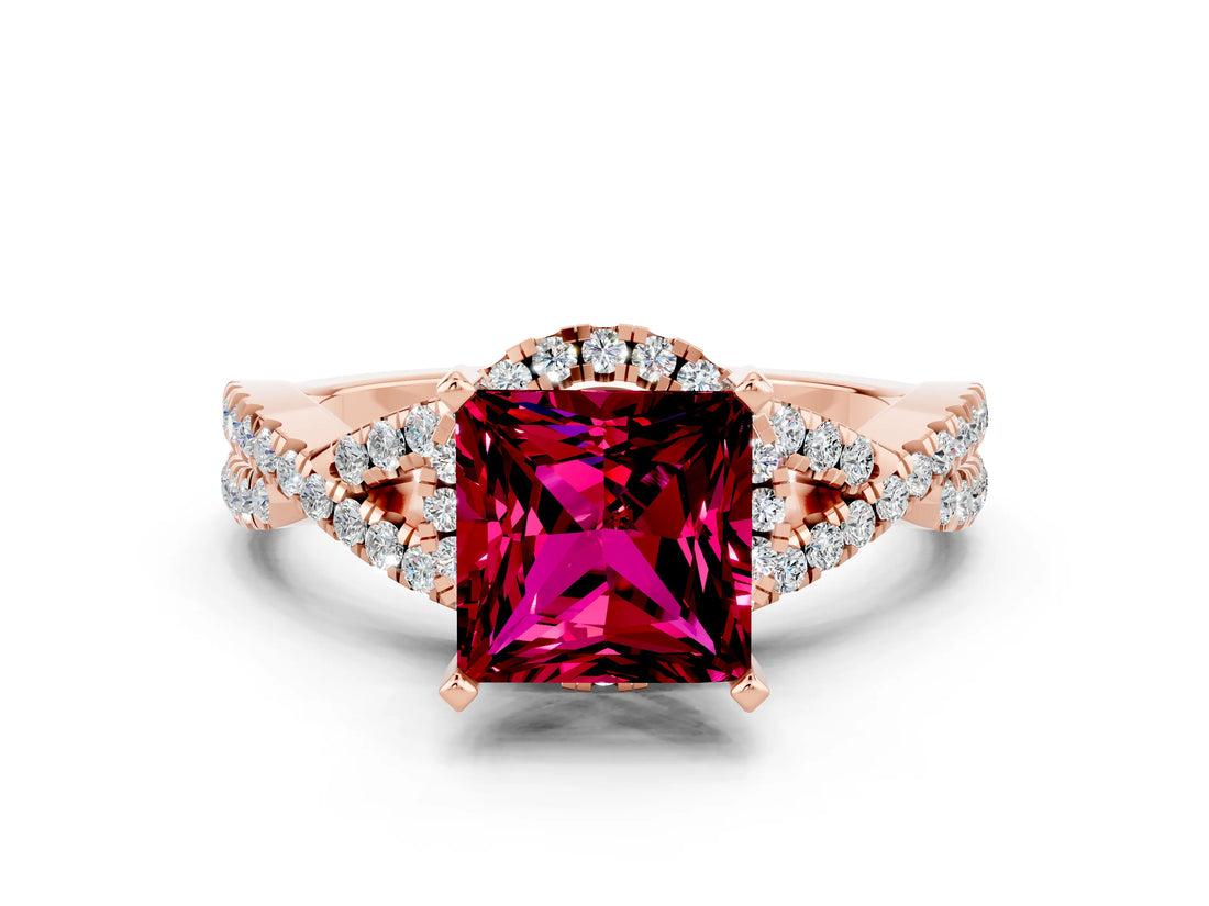 Rose gold Princess Cut Garnet Halo Twist Band Solitaire Prong Setting Ring