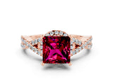 Rose gold Princess Cut Garnet Halo Twist Band Solitaire Prong Setting Ring