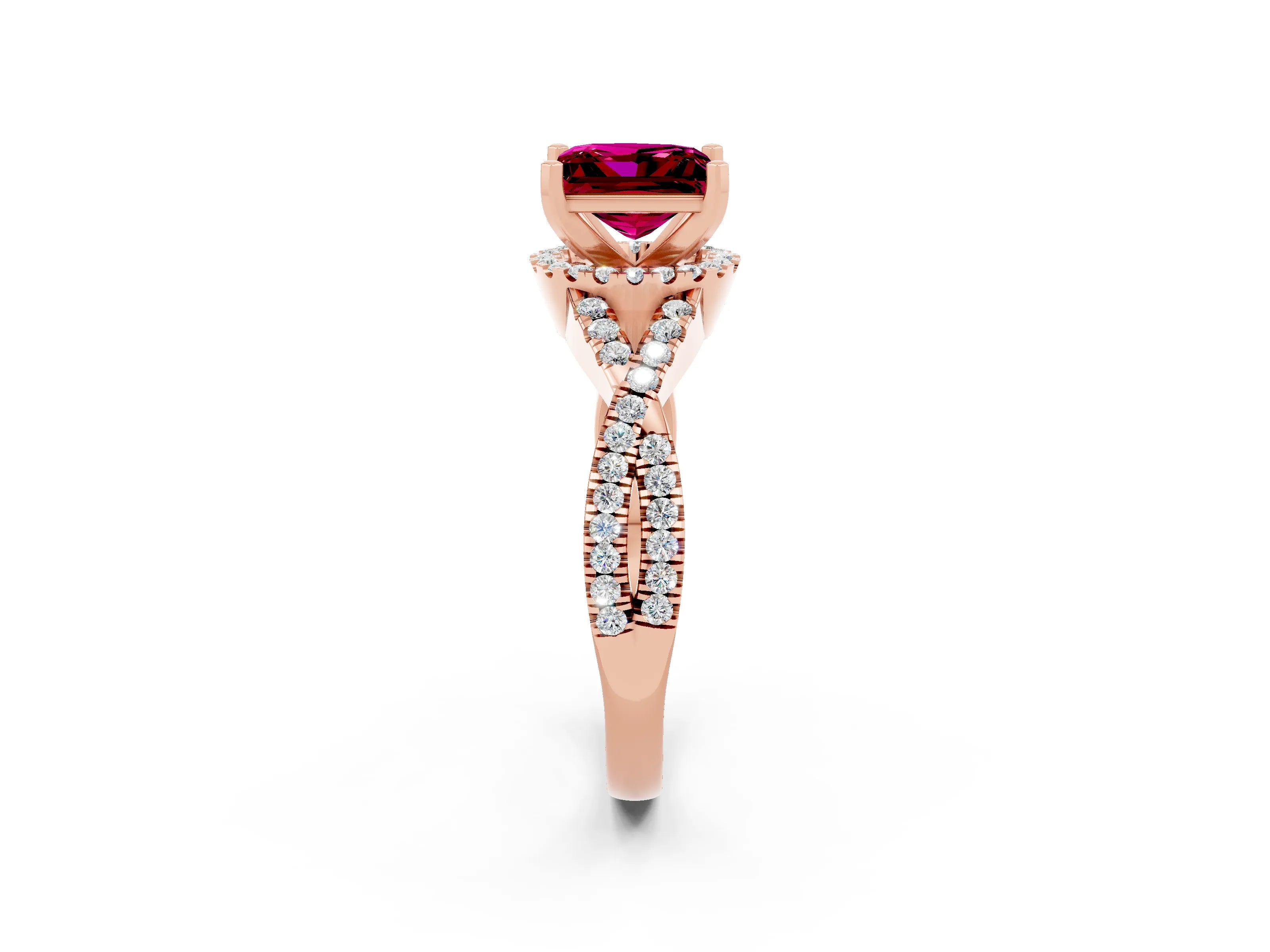 Rose gold Princess Cut Garnet Halo Twist Band Solitaire Prong Setting Ring_2