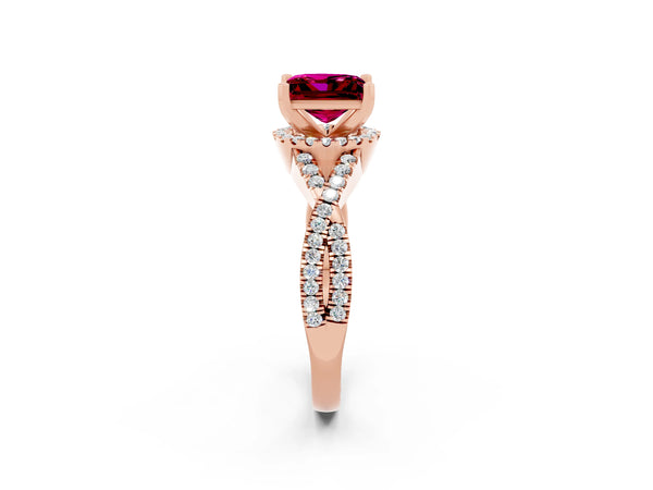 Rose gold Princess Cut Garnet  Halo Twist Band Solitaire Prong Setting Ring