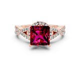 Rose gold Princess Cut Garnet  Halo Twist Band Solitaire Prong Setting Ring_24