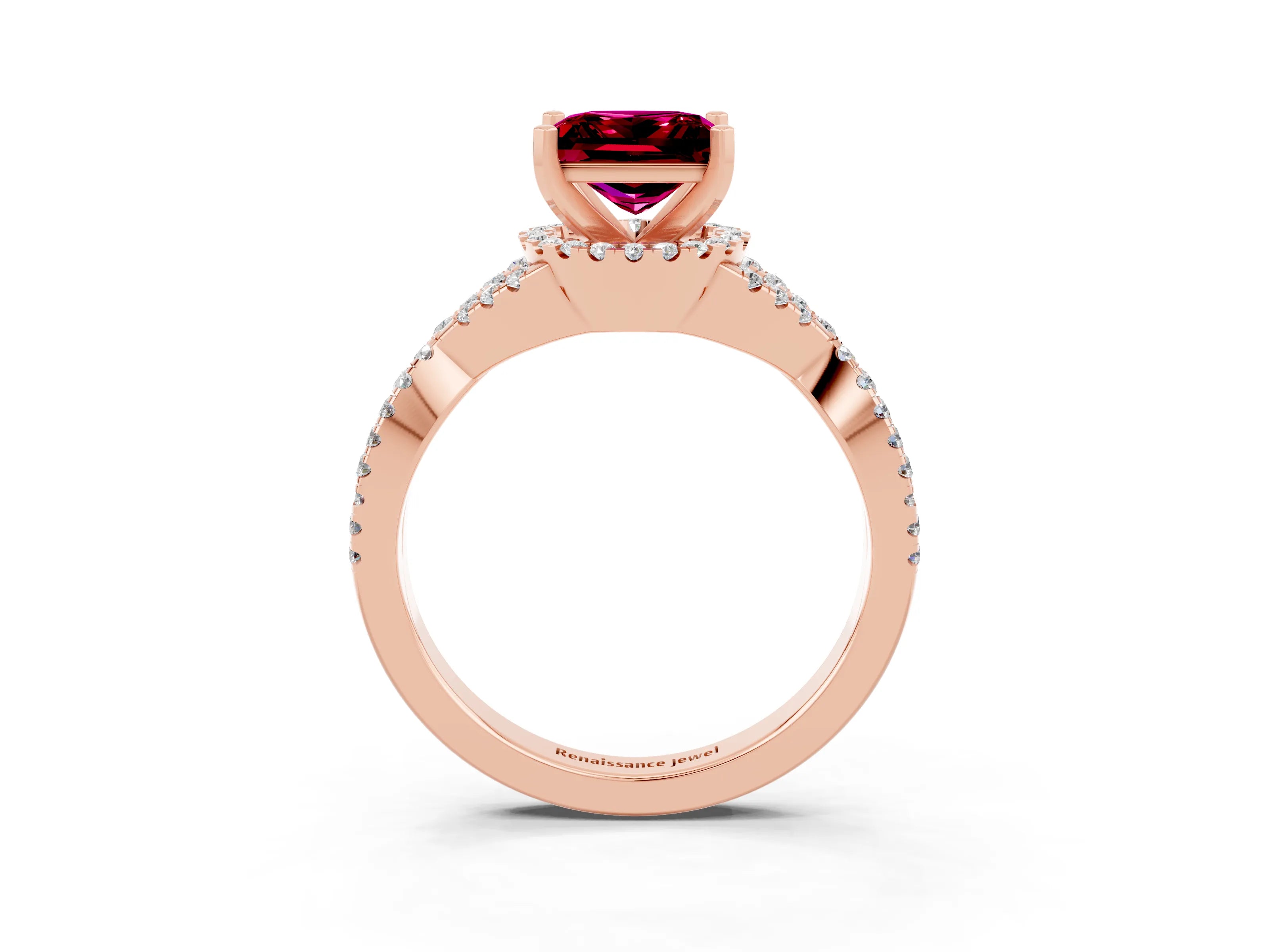 Rose gold Princess Cut Garnet Halo Twist Band Solitaire Prong Setting Ring_3
