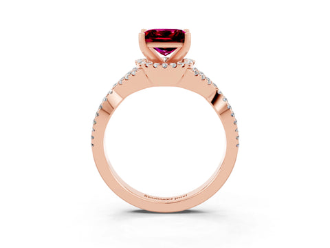Rose gold Princess Cut Garnet Halo Twist Band Solitaire Prong Setting Ring_3