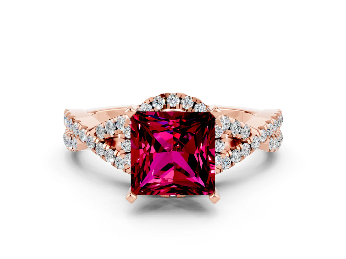 Rose gold Princess Cut Garnet  Halo Twist Band Solitaire Prong Setting Ring_42