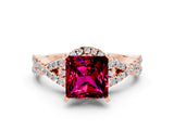 Rose gold Princess Cut Garnet  Halo Twist Band Solitaire Prong Setting Ring_42