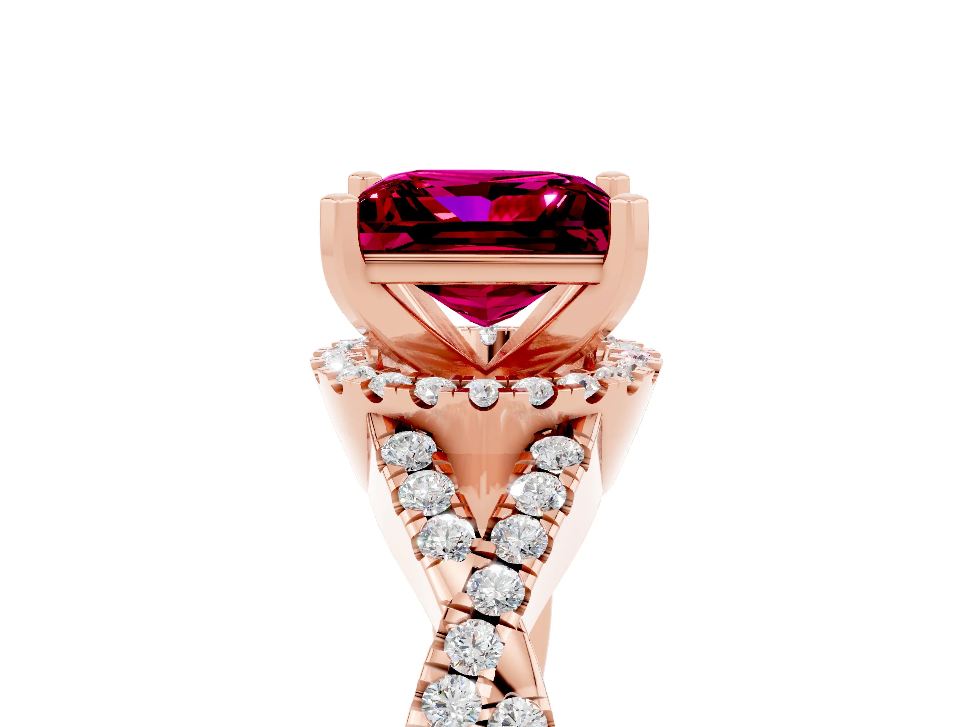 Rose gold Princess Cut Garnet Halo Twist Band Solitaire Prong Setting Ring_5