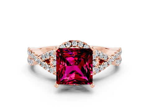 Rose gold Princess Cut Garnet Halo Twist Band Solitaire Prong Setting Ring