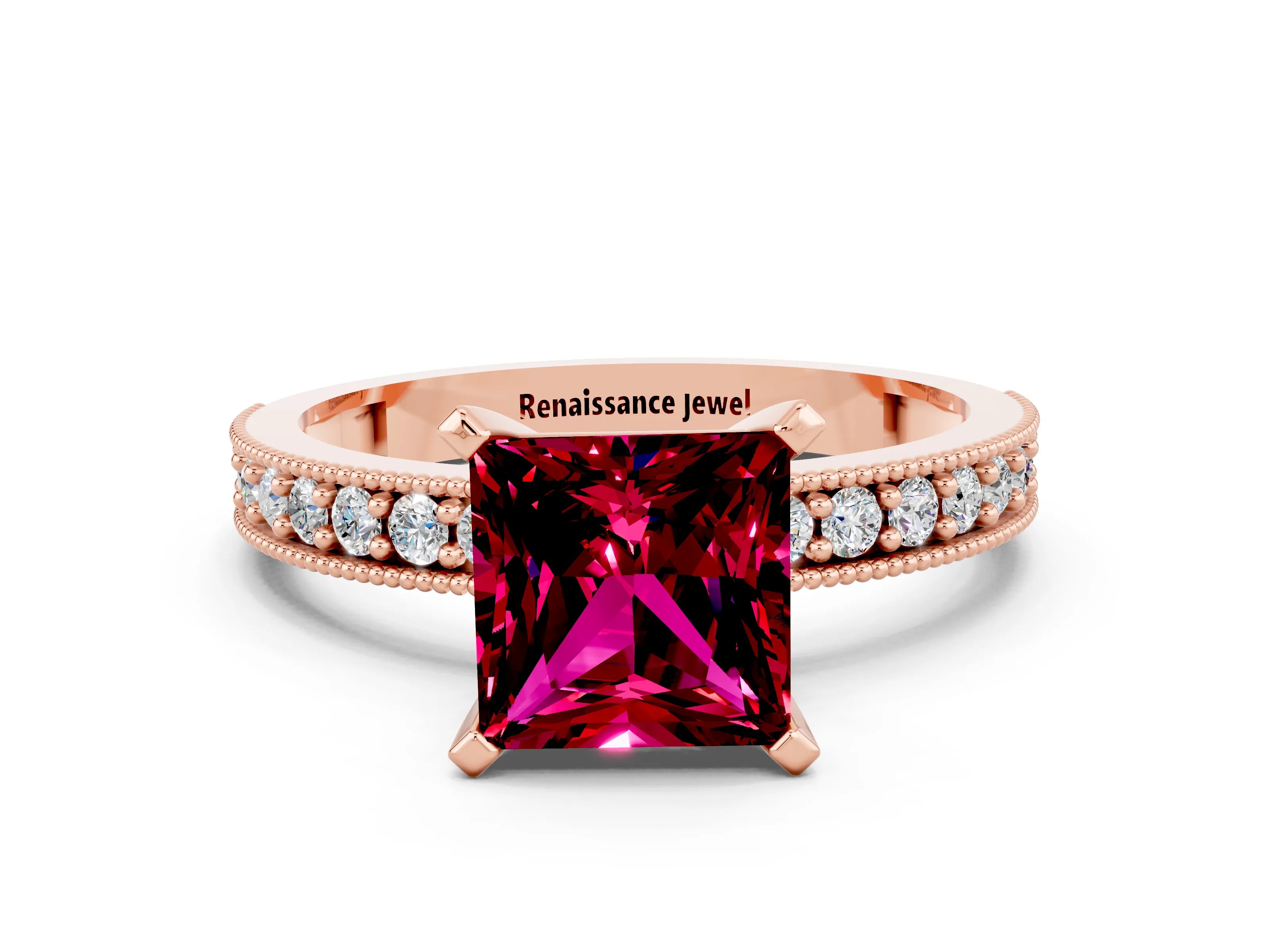 Rose gold Princess Cut Garnet Milgrain Pavé Engagement Ring with Four-Prong Setting_12